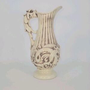 Vintage Red Wing Pottery 202 Ewer Vase Pitcher Ivory Floral Scroll Dragon 10 In